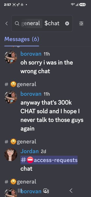 A Discord screenshot from the #general channel of OpenChat shows user "borovan" admitting to dumping 300K CHAT tokens, saying "anyway that's 300k CHAT sold and I hope I never talk to those guys again," which corroborates the post's claim about Adam selling his CHAT tokens and causing a 25% price drop.