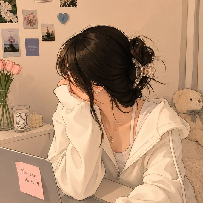 An anime-style illustration of a girl with dark hair in a bun, wearing a white hoodie, sitting at a desk with a laptop that has a sticky note reading "You can do it! ❤".