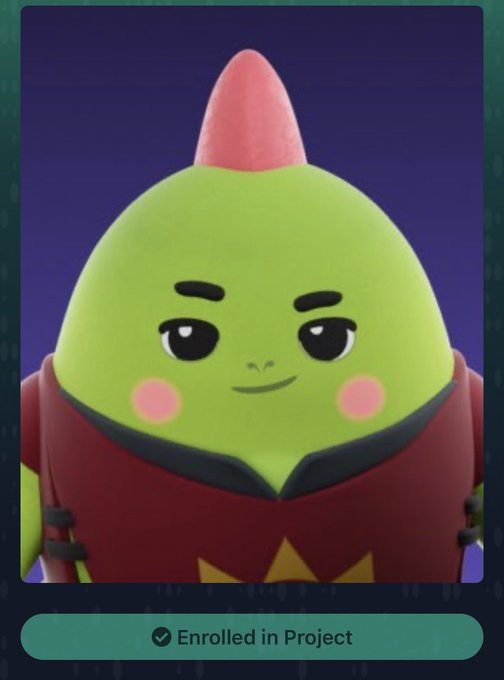 A 3D cartoon character with a green pear-shaped head, pink horn, and red vest, displayed on a profile card with 'Enrolled in Project' badge.