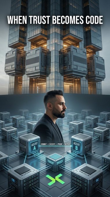 A digital graphic with the text 'WHEN TRUST BECOMES CODE' at the top, showing a man surrounded by glowing blue computer server boxes and blocks labeled 'AGENT A', 'AGENT B', 'COMMIT', 'EXECUTE', 'PROVE', and 'SETTLE'.