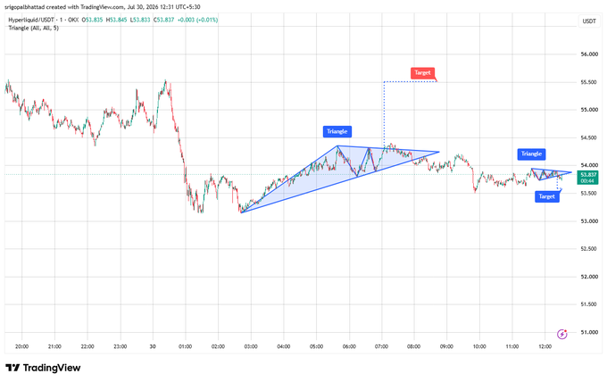 A TradingView 15-minute chart of Hyperliquid/USDT displays two Triangle patterns (symmetrical) with entry points and projected price targets marked in blue.