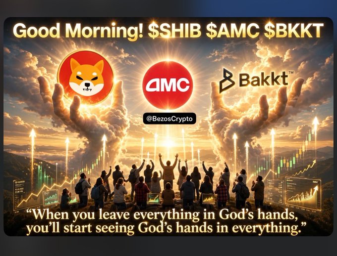 A crypto-themed graphic with the text 'Good Morning! $SHIB $AMC $BKKT' displaying logos for Shiba Inu, AMC, and Bakkt, alongside a religious quote: 'When you leave everything in God's hands, you'll start seeing God's hands in everything.'