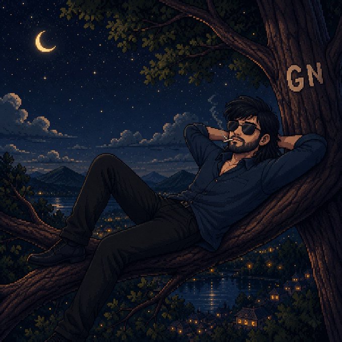 A bearded man in sunglasses and a blue shirt reclines in a tree under a starry night sky with a crescent moon, overlooking a glowing lakeside town, with the letters "GN" carved into the tree trunk—visually representing the "good Night" message in the post.