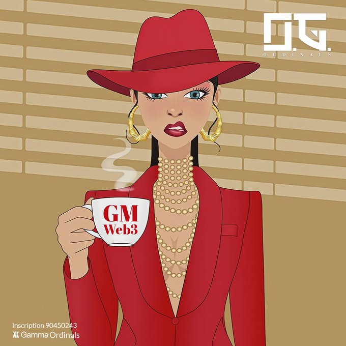 An illustration of a stylish woman in a red suit and fedora holding a coffee mug labeled 'GM Web3', branded as a Gamma Ordinals NFT with inscription 90450243.