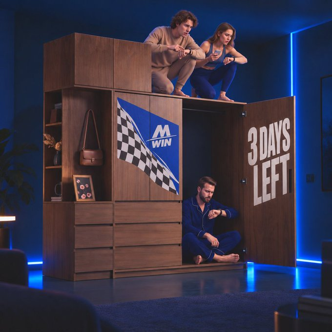 The image shows three people in pajamas crammed inside a wooden wardrobe, checking the time anxiously. The wardrobe doors feature an "M/WIN" logo with a checkered flag and the text "3 DAYS LEFT." This visually represents crypto traders feeling boxed in by limited options, with MEXC offering stock futures as a new doorway to expand beyond traditional crypto-only trading.