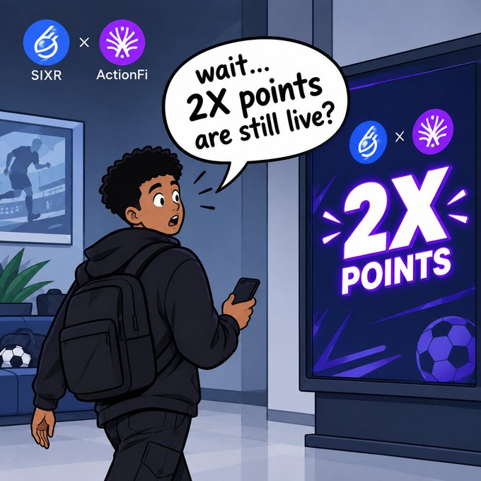 Illustrated promotional image showing a boy with a backpack looking at a billboard advertising '2X POINTS' from SIXR × ActionFi, with a speech bubble saying 'wait... 2X points are still live?'