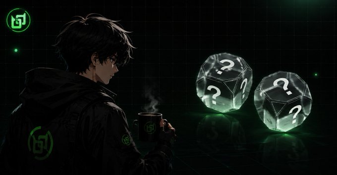 An anime-style illustration of a dark-haired character holding a steaming mug next to two glowing transparent dice marked with question marks, with a green logo visible in the corners.