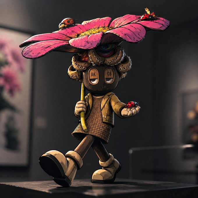 A photograph of a designer art toy figure, a walking character with a large pink flower for a head, wearing a brown jacket and checkered shirt, with a small ladybug on its hand and another on the flower, featuring 'AK' and 'GB' on its eyes.