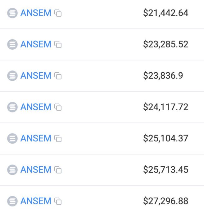 The image shows a list of seven transactions all associated with the ticker "ANSEM," with amounts ranging from $21,442.64 to $27,296.88, appearing to be airdrop distributions. These sizable payouts visually support the post's claim that "@blknoiz06 has already airdropped over $7M so far," illustrating the "life changing money" being distributed to recipients.