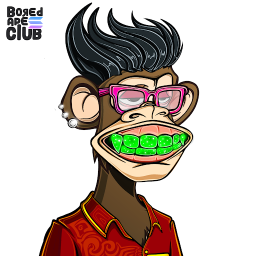 The Bored Ape Club logo features a cartoon monkey with a pompadour hairstyle, pink glasses, earrings, and a wide grin showing green teeth, wearing a red patterned shirt.