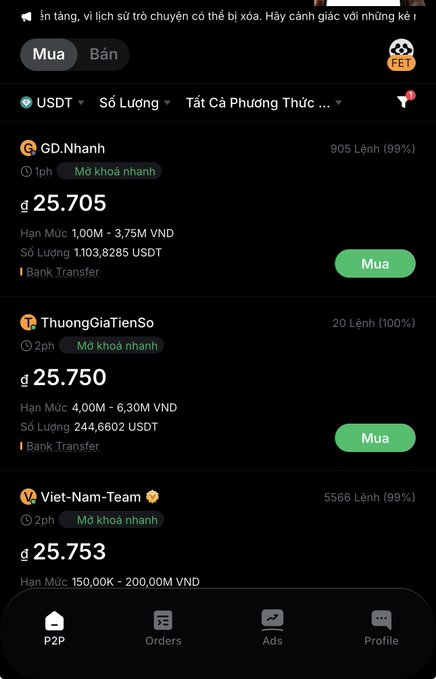 A screenshot of a cryptocurrency P2P trading app in Vietnamese, showing USDT buy listings from sellers like 'GD.Nhanh' (25,705 VND), 'ThuongGiaTienSo' (25,750 VND), and 'Viet-Nam-Team' with Bank Transfer payment methods.