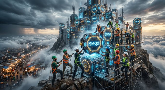 A fantasy digital artwork depicting workers in hard hats and safety harnesses constructing a massive structure made of glowing hexagonal '$MOX' blocks atop a cloud-surrounded mountain peak.
