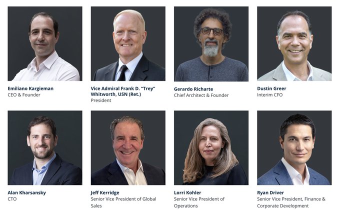 The image displays the current leadership team of SettleLogic ($SATL), featuring eight executives: CEO & Founder Emiliano Kargieman, President Vice Admiral Frank D. "Trey" Whitworth USN (Ret.), Chief Architect & Founder Gerardo Richarte, Interim CFO Dustin Greer, CTO Alan Kharsansky, SVP of Global Sales Jeff Kerridge, SVP of Operations Lorri Kohler, and SVP of Finance & Corporate Development Ryan Driver. This roster supports the post's observation about team changes at SettleLogic, highlighting the current personnel driving the company's mission forward.
