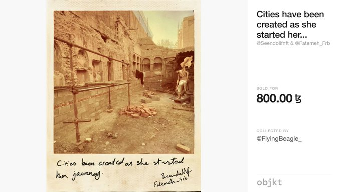 An objkt NFT listing titled 'Cities have been created as she started her...' by @Seendollfrlft & @Fatemeh_Frb, sold for 800.00 tz and collected by @FlyingBeagle_.