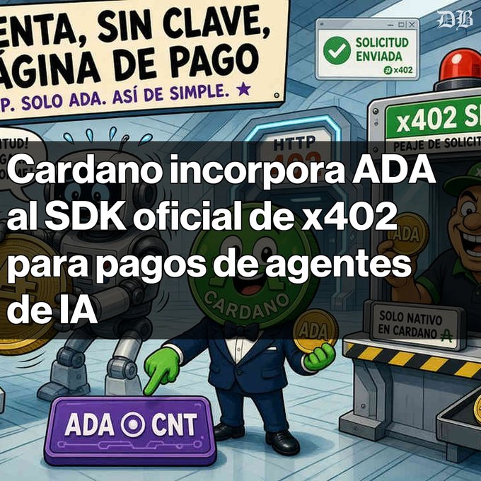 A cartoon illustration with text 'Cardano incorpora ADA al SDK oficial de x402 para pagos de agentes de IA', showing a Cardano coin character in a tuxedo next to an 'x402' toll booth and a robot, with an 'ADA ⊙ CNT' button.