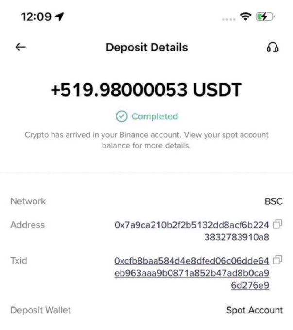A screenshot of a Binance "Deposit Details" page showing a completed deposit of +519.980000053 USDT via the BSC network to a spot account, with visible wallet address and transaction ID. The image is presented as supposed "proof" of receiving free crypto, but the accompanying post is a classic crypto giveaway scam—a common tactic where fraudsters fabricate deposit screenshots to lure victims into sending funds or sharing wallet information.