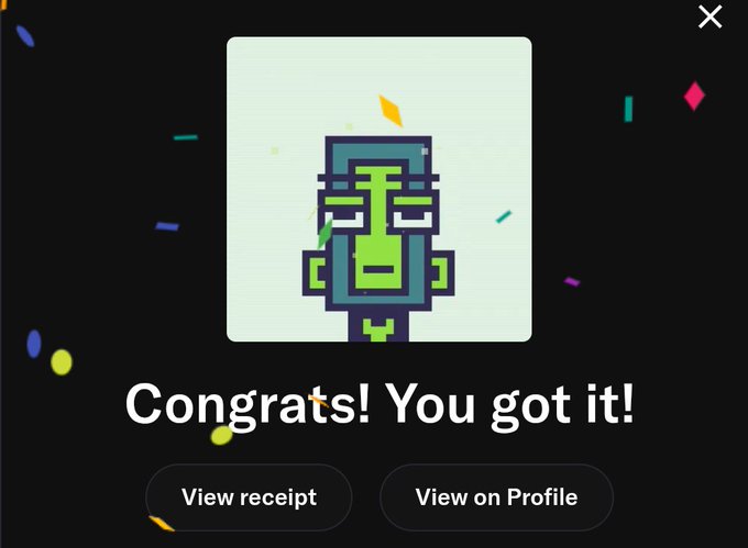 A pixel-art green character face appears on a celebratory screen reading "Congrats! You got it!" with buttons to "View receipt" or "View on Profile".