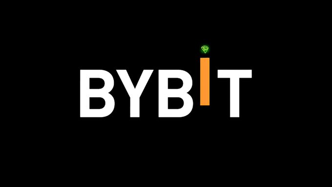 The image shows the ByBit logo—bold white text with an orange vertical bar and a green gem—against a black background. It visually represents the exchange that survived the $1.5 billion hack referenced in the post.