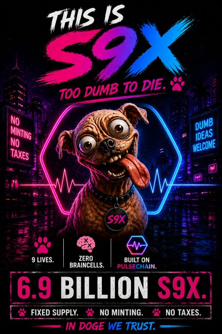 A neon cyberpunk-style promotional poster for the cryptocurrency S9X, featuring a cartoonish, tongue-out dog with a bone, and text including 'THIS IS S9X', 'TOO DUMB TO DIE', 'NO MINTING NO TAXES', 'DUMB IDEAS WELCOME', '9 LIVES', 'ZERO BRAINCELLS', 'BUILT ON PULSECHAIN', '6.9 BILLION $9X', 'FIXED SUPPLY', 'NO MINTING', 'NO TAXES', and 'IN DOGE WE TRUST'.