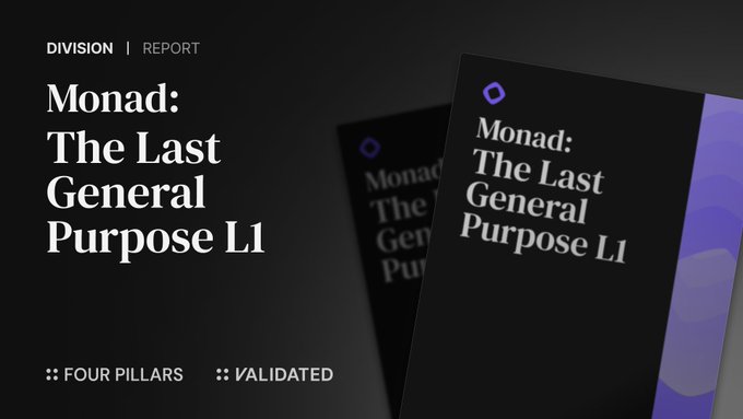 A report cover titled "Monad: The Last General Purpose L1" from DIVISION REPORT, featuring the Monad logo with purple accents and labeled "FOUR PILLARS VALIDATED." The bold headline reflects the post's theme, emphasizing Monad's long 4.5-year development journey as it positions itself as a foundational general-purpose Layer 1 blockchain.