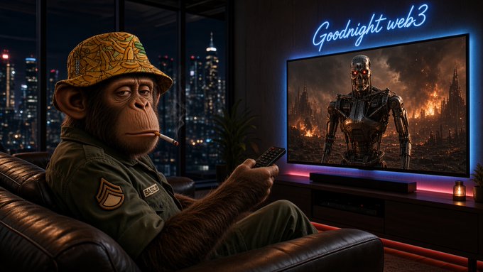 A humorous AI-generated image of a monkey in military fatigues and a bucket hat smoking a cigarette while watching a post-apocalyptic TV show titled 'Goodnight web3'.