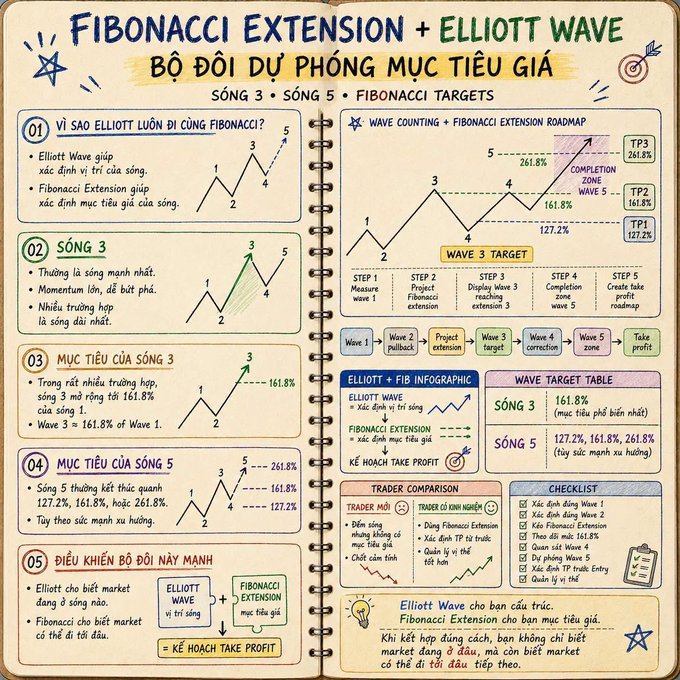 An infographic titled 'FIBONACCI EXTENSION + ELLIOTT WAVE' explaining how traders use Elliott Wave and Fibonacci tools to identify wave 3 and wave 5 price targets, with diagrams showing extensions of 127.2%, 161.8%, and 261.8%.