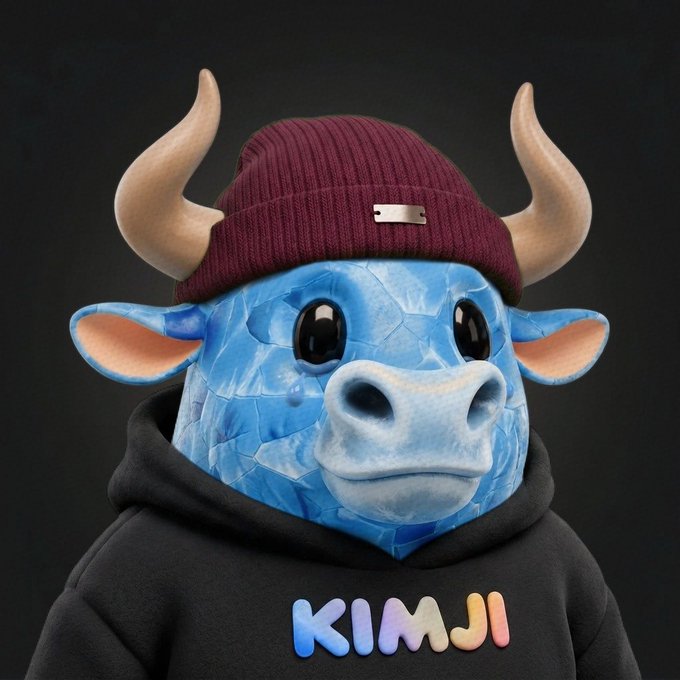 A blue bull character with horns wearing a maroon beanie and a black hoodie featuring the colorful "KIMJI" logo text, representing the Kimji NFT collection being promoted on the Solana blockchain.
