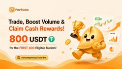 A FunToken promotional banner advertises an 800 USDT bonus for the first 400 eligible traders who trade, boost volume, and claim cash rewards, featuring a cartoon piggy bank character.