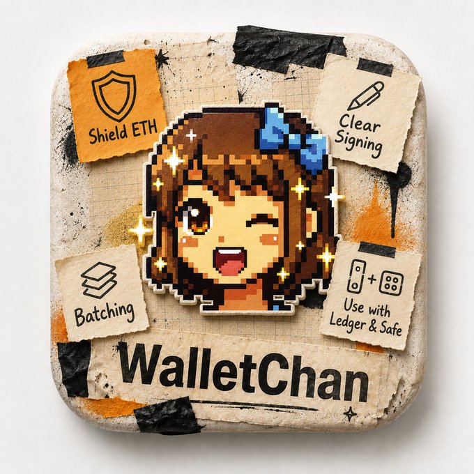 Pixel art style app icon featuring a winking anime-style girl with sparkles, surrounded by notes reading 'Shield ETH', 'Clear Signing', 'Batching', and 'Use with Ledger & Safe', with 'WalletChan' displayed at the bottom.
