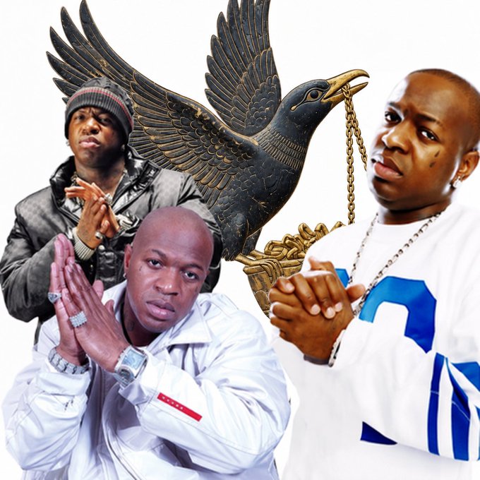 A collage featuring three hip-hop artists posed together with a large black eagle statue holding a gold chain in its beak behind them.