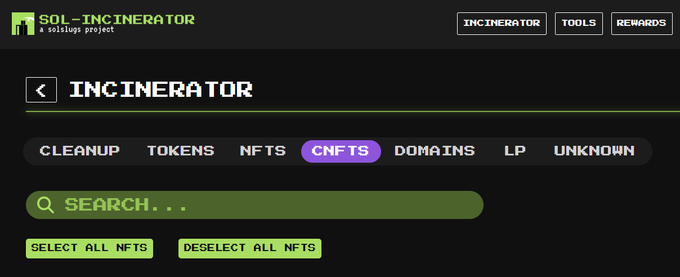 The image shows the "SOL-INCINERATOR" interface with a purple "CNFTS" tab selected, displaying search functionality and "SELECT ALL NFTS" / "DESELECT ALL NFTS" buttons. This relates to the post's message that although compressed NFTs (cNFTs) are already optimized for minimal onchain storage and offer no rent reclaim, users can still use the incinerator's CNFTs tab to clean up their wallet.