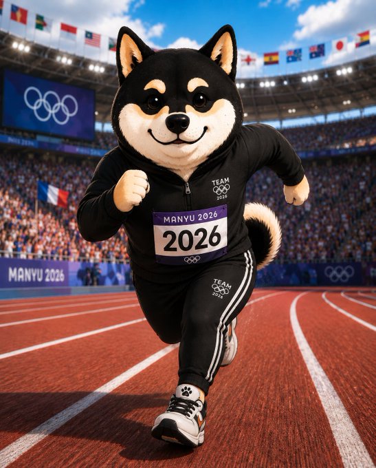 The image features a black and white dog mascot dressed up as a runner, running down a track with a banner that says "MANYU showing how its done on eth.. it' s long marathon to make it, not a short sprint trending 4.2 MM mkt cap geckoterminal.com/eth/pools/0xc4". The mascot is wearing black pants and shoes while running in front of an audience at a stadium.