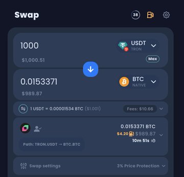 A cryptocurrency swap interface showing an exchange of 1000 USDT (TRON) to 0.0153371 BTC with $10.66 fees and 3% price protection.