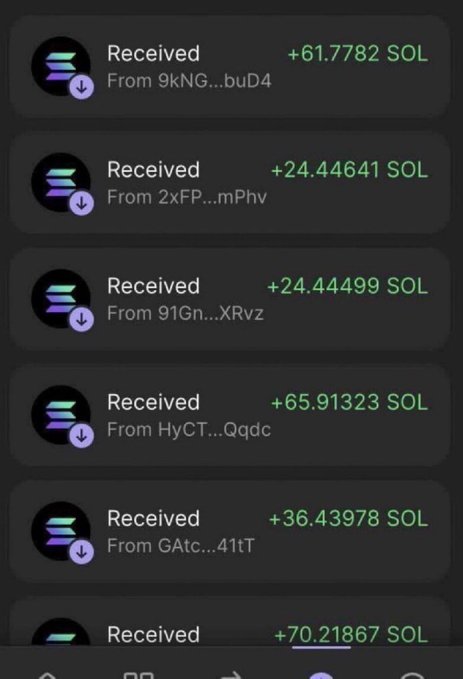 A Solana wallet transaction history showing multiple incoming "Received" transfers in SOL (+61.7782, +24.44641, +24.44499, +65.91323, +36.43978, +70.21867 SOL) from various truncated wallet addresses, likely serving as "proof" that the poster is distributing SOL to commenters as promised in the giveaway.