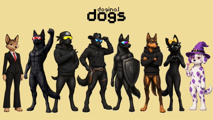 An illustration showing a lineup of eight anthropomorphic dogs in various costumes (suit, hoodies, pirate, witch, etc.) under the text 'doginal dogs'.