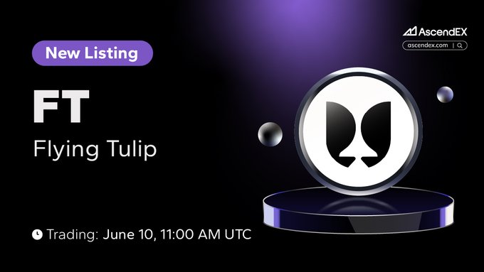 The image shows a poster for a new listing feature called "FT", which is a platform for trading cryptocurrencies like Bitcoin. The poster features a graphic design of two coins, one labeled "flying tulip" and another one labeled "USDT". It also displays text that announces the platform's launch on June 10th at 11:00 AM UTC with details about how to trade on this new listing.