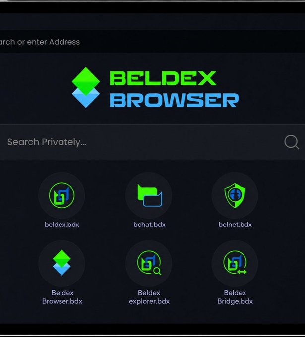The home screen of the Beldex Browser, displaying a search bar and shortcut icons for beldex.bdx, bchat.bdx, and belnet.bdx.