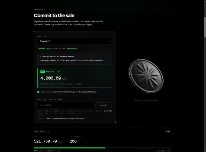 A dark-themed crypto sale interface titled "Commit to the sale" shows a wallet position of 4,000.00 USDC with an eligibility check via Sonar wallet, alongside totals of 521,730.70 USDC committed by 206 participants (52% of $1,000,000 target). The image relates to the post by demonstrating a real on-chain commitment to @axisrobotics, backing the project with action by depositing funds into the sale.