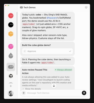 A chat interface labeled 'Tech Demos' discussing building a 'cobe globe demo' using Swift/Metal and React, with an auto-approve rule for CloudAgent.
