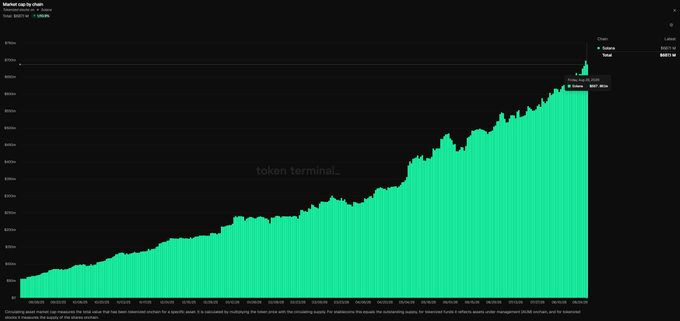 A green bar chart on Token Terminal displays market cap by chain over time, with trading volume labeled at $9003.1B and balance at $887.7B as of an unspecified date.