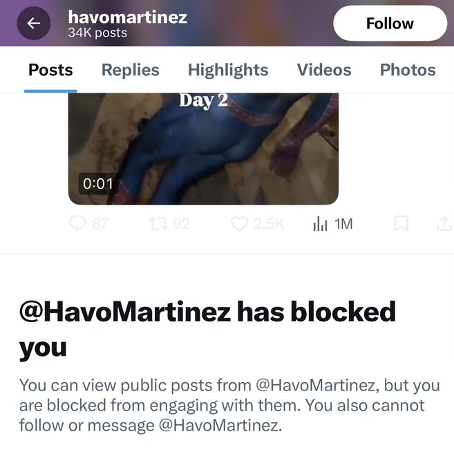 A screenshot of the @HavoMartinez Twitter profile showing they've blocked the user, displayed beneath a post showing 87 replies, 92 retweets, 2.5K likes, and 1M views on a Spider-Man video captioned "Day 2." The block notification serves as comedic "validation" for the user, playfully suggesting the comparison to a $500M-funded project was so accurate that HavoMartinez couldn't handle the truth and resorted to blocking.