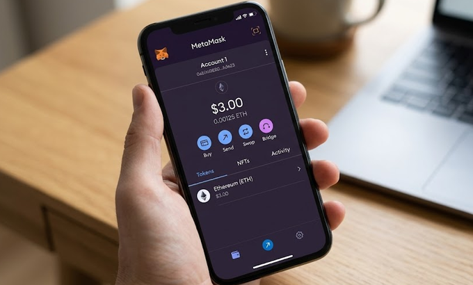 A hand holding a smartphone displaying the MetaMask app with a balance of $3.00 (0.00125 ETH) on a wooden table next to a coffee cup.