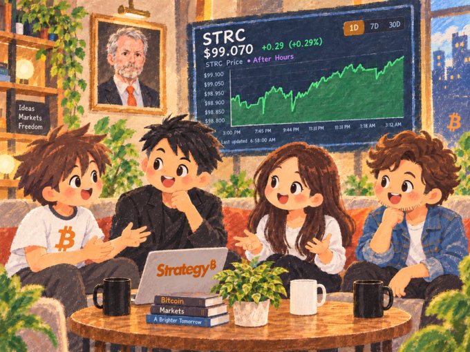 An animated illustration of four young people discussing cryptocurrency, with a laptop displaying 'Strategy', books titled 'Bitcoin Markets: A Brighter Tomorrow', and a screen showing 'STRC' stock at $99.070.