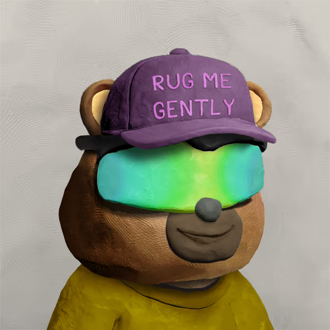 A digital rendering of a brown bear character wearing a yellow shirt, a purple cap, and iridescent visor sunglasses that read 'RUG ME GENTLY'.