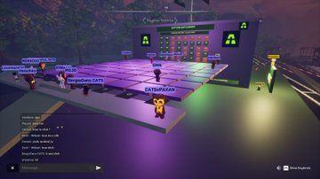 Another view of the virtual world featuring the glowing purple grid platform, avatars with name tags, and the large digital scoreboard in the background.