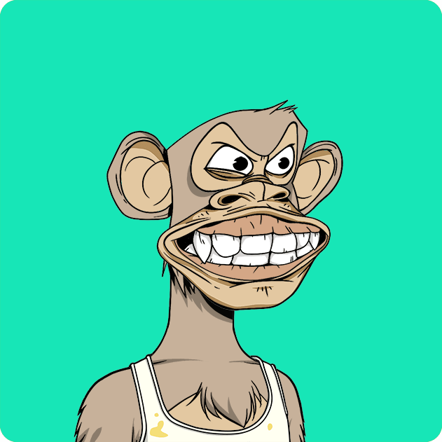 The image features a cartoon monkey wearing a tank top, standing against a green background with its arms crossed. The monkey appears to be smiling or making a funny face for the camera. The caption of the image reads "Ape #6180 Bought for 8 WETH machibigbrother.eth 0xD7AD...f388 etherscan.io/tx/0xbd97fbf6c ... Return to Monke: opensea.io/collection/bor".