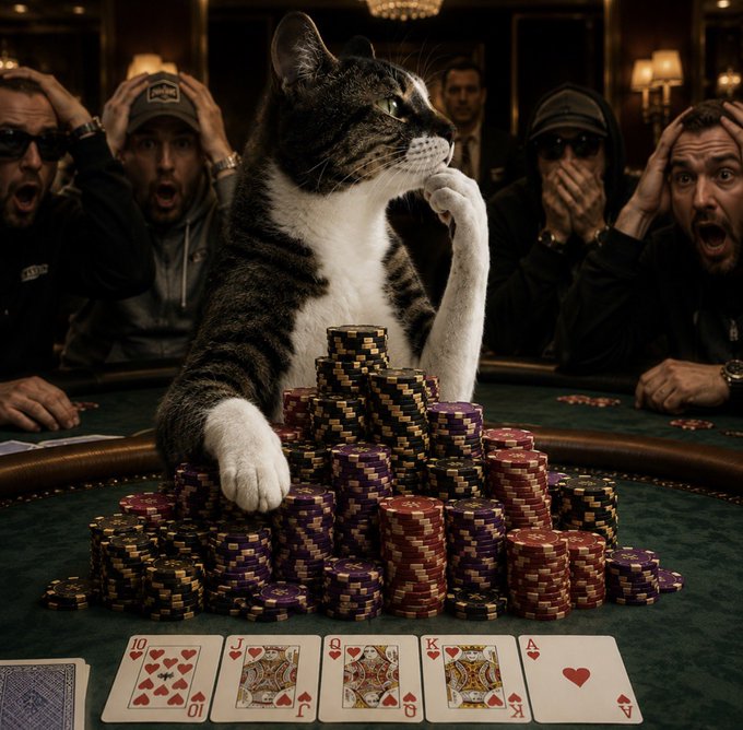 A tabby cat wearing sunglasses sits at a poker table behind a large stack of chips and a royal flush of hearts, while men in the background react with shock.