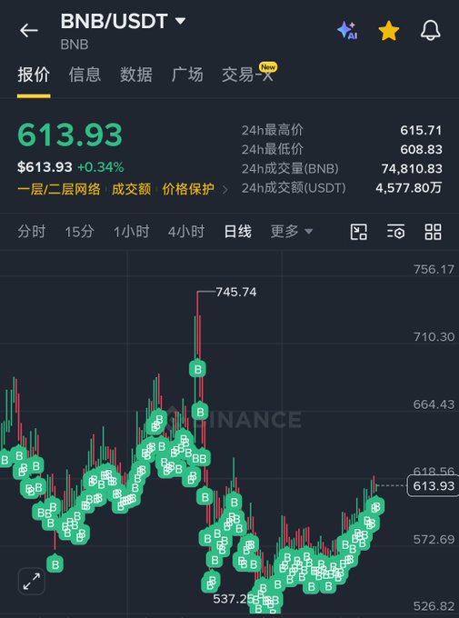 A cryptocurrency trading chart showing the BNB/USDT pair with a current price of $613.93, up 0.34%, displaying 24-hour high of 615.71 and low of 608.83, with numerous Binance BNB token markers scattered across the candlestick chart.