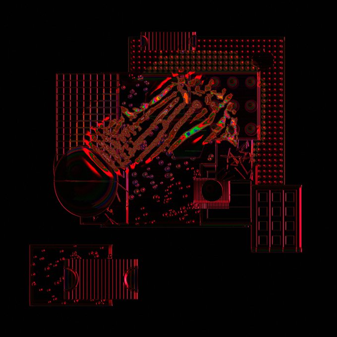 A dark, abstract digital rendering with glitch effects, featuring red grid-like patterns and skeletal or rib-like shapes against a black background.
