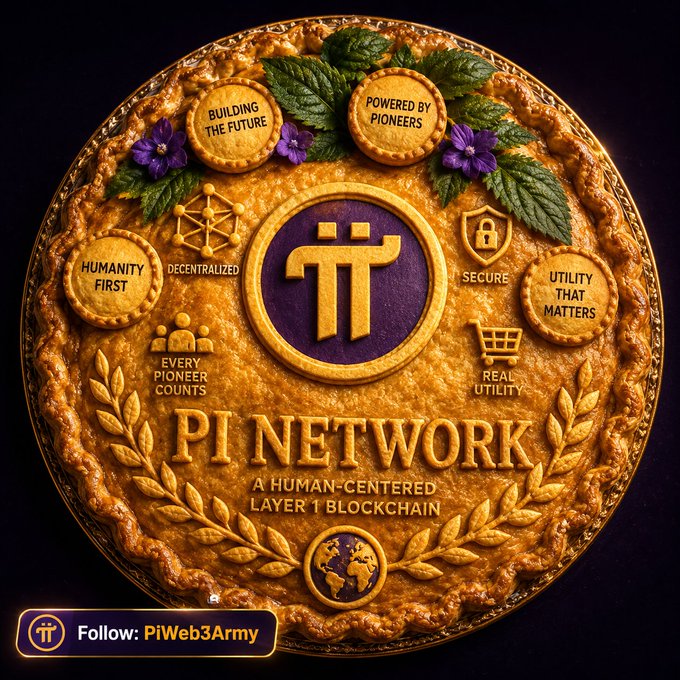 A golden, pie-themed emblem for "PI NETWORK" featuring the text "A HUMAN-CENTERED LAYER 1 BLOCKCHAIN" surrounded by badges reading "BUILDING THE FUTURE," "POWERED BY PIONEERS," "HUMANITY FIRST," "DECENTRALIZED," "SECURE," "EVERY PIONEER COUNTS," and "UTILITY THAT MATTERS," with "Follow: PiWeb3Army" at the bottom.